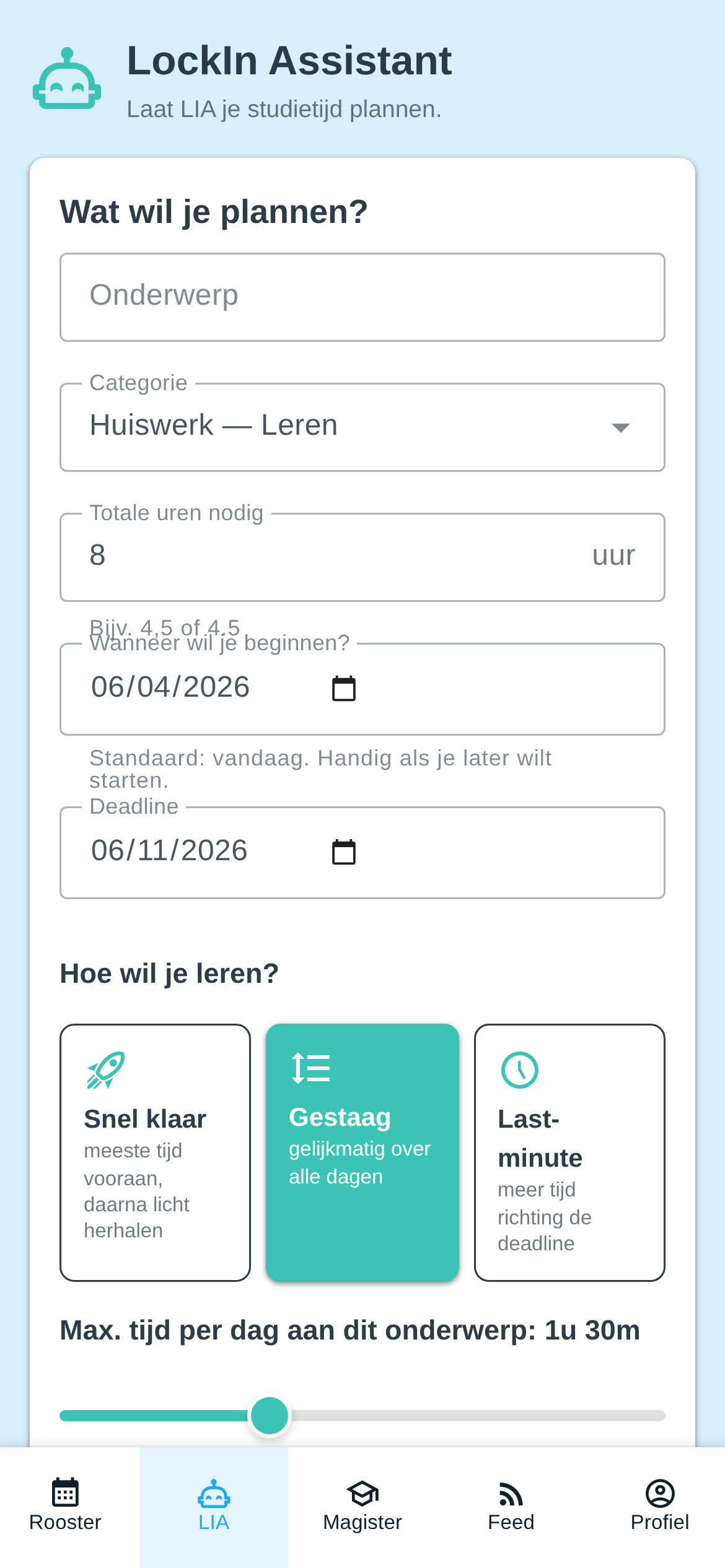De LIA-studieplanner van LockIn met leerprofielen en een urenslider