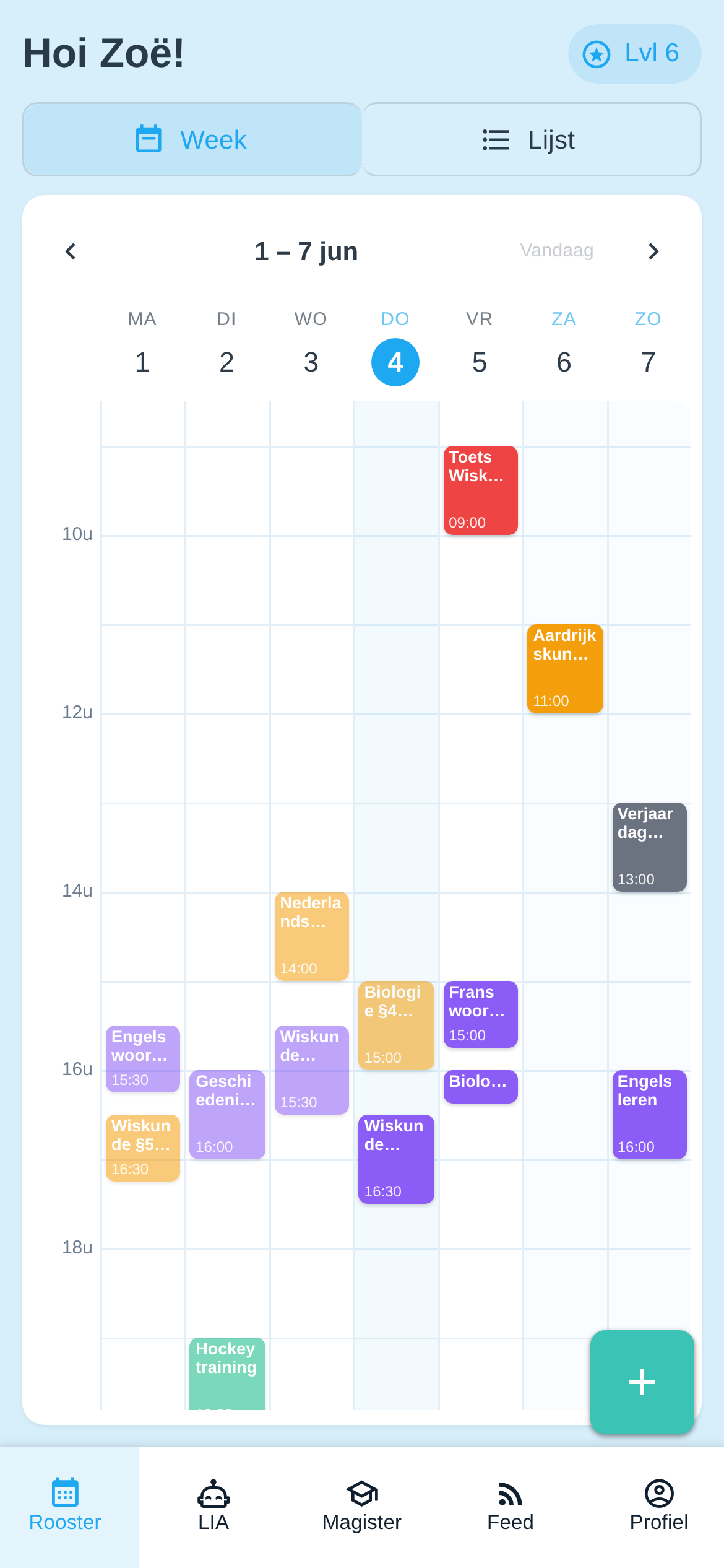 Het weekrooster van LockIn met gekleurde lesblokken